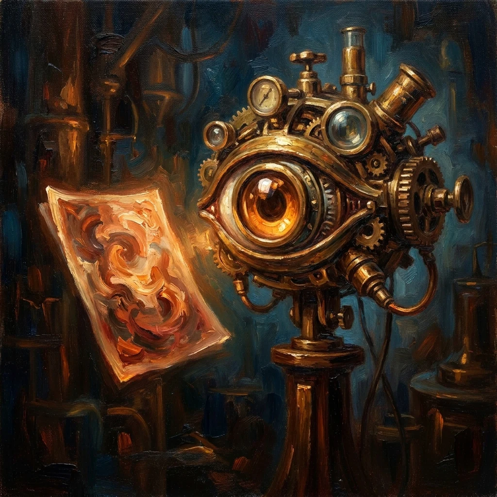 An ornate brass oracle eye reading a glowing structured web page.