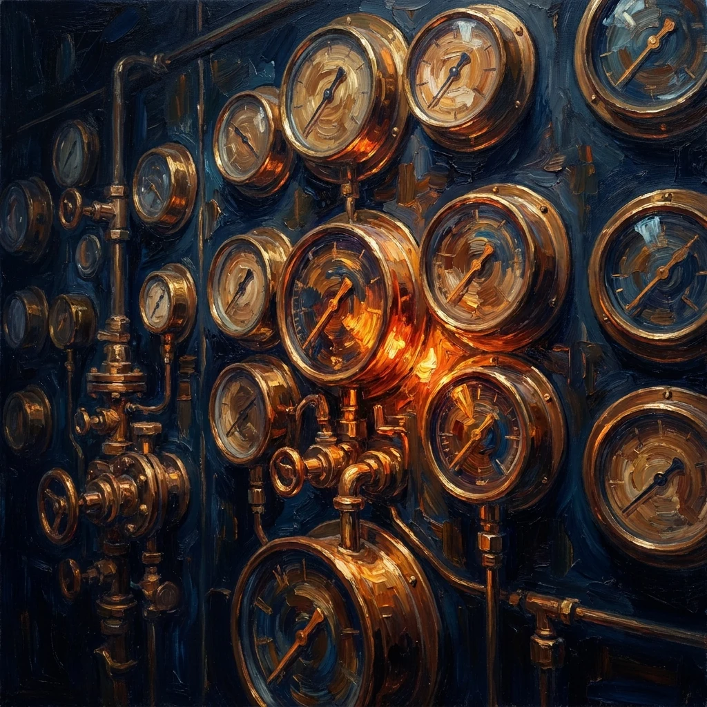 Brass gauges, dials, and glass charts depicting a site analytics dashboard.