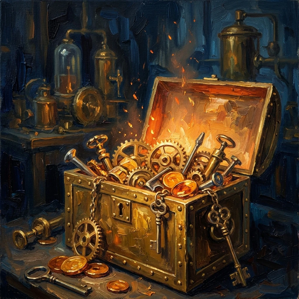 An open brass strongbox brimming with glowing tools and service-tokens, representing everything included.