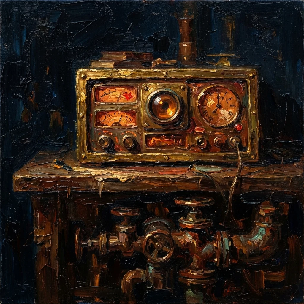 An ornate brass control console glowing, representing the AI site director MOG.