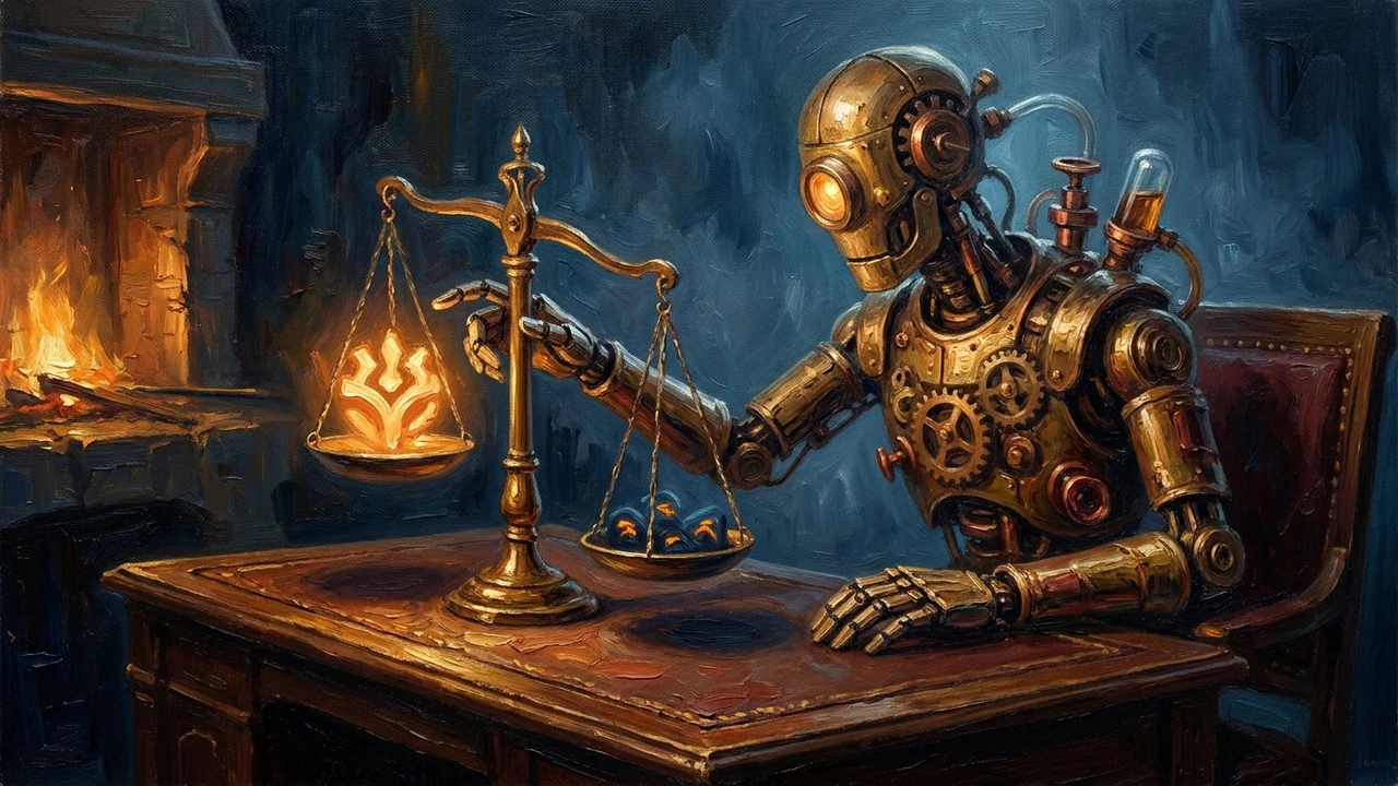 A brass automaton oracle weighing glowing business emblems on an ornate balance scale, choosing which to elevate.